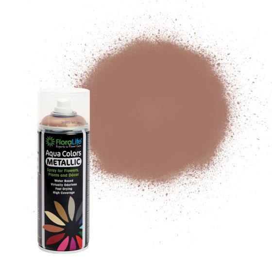 This image shows a can of copper coloured, metallic floral spray against a white background
