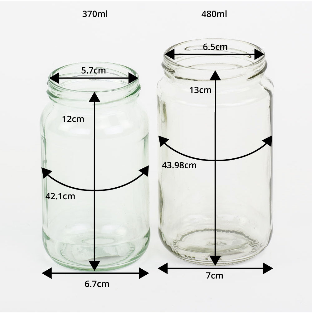 a pair of glass jam jars showing their dimensions