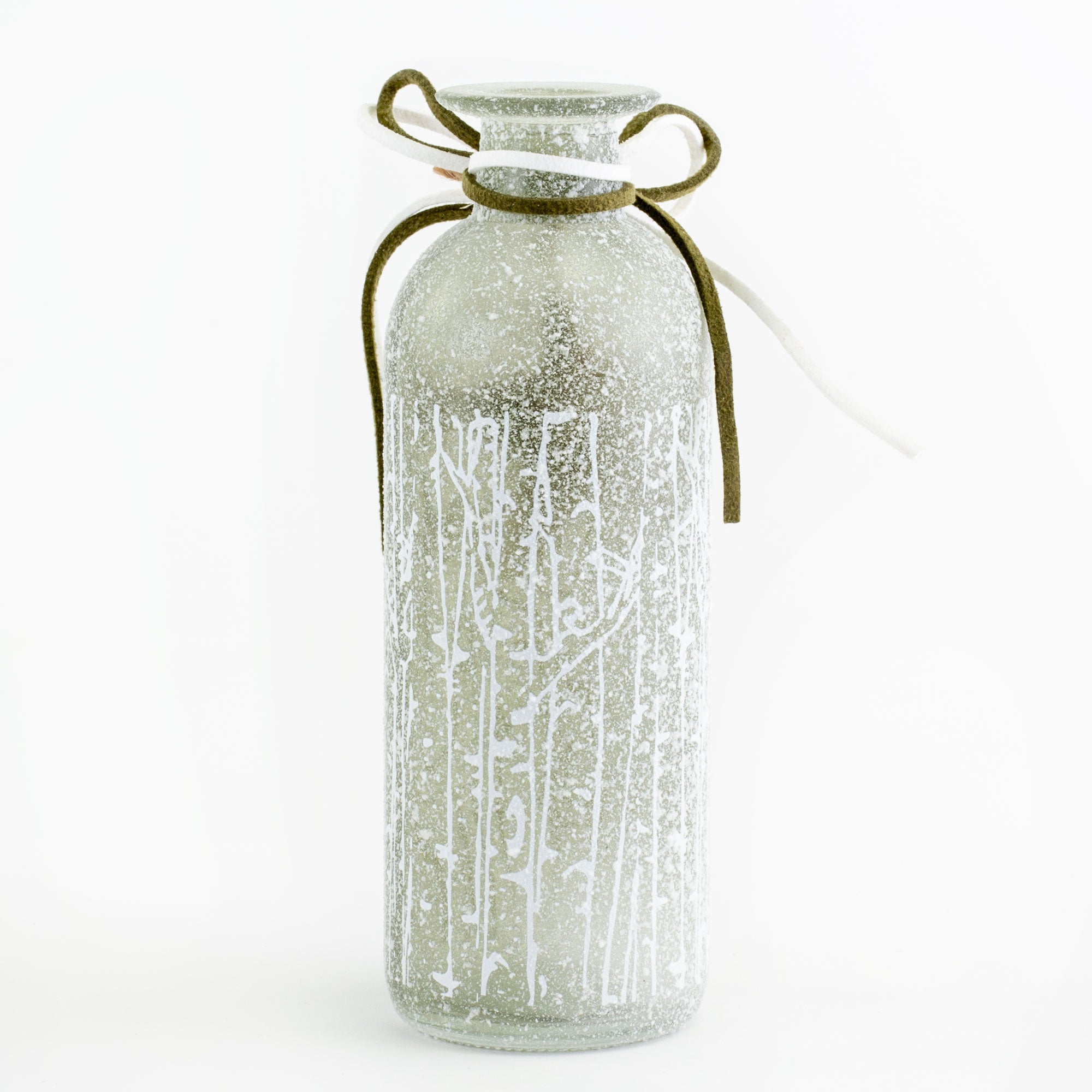 This image shows a pale green, frosted glass vase, with a medium wooden star tied around its neck, against a white background