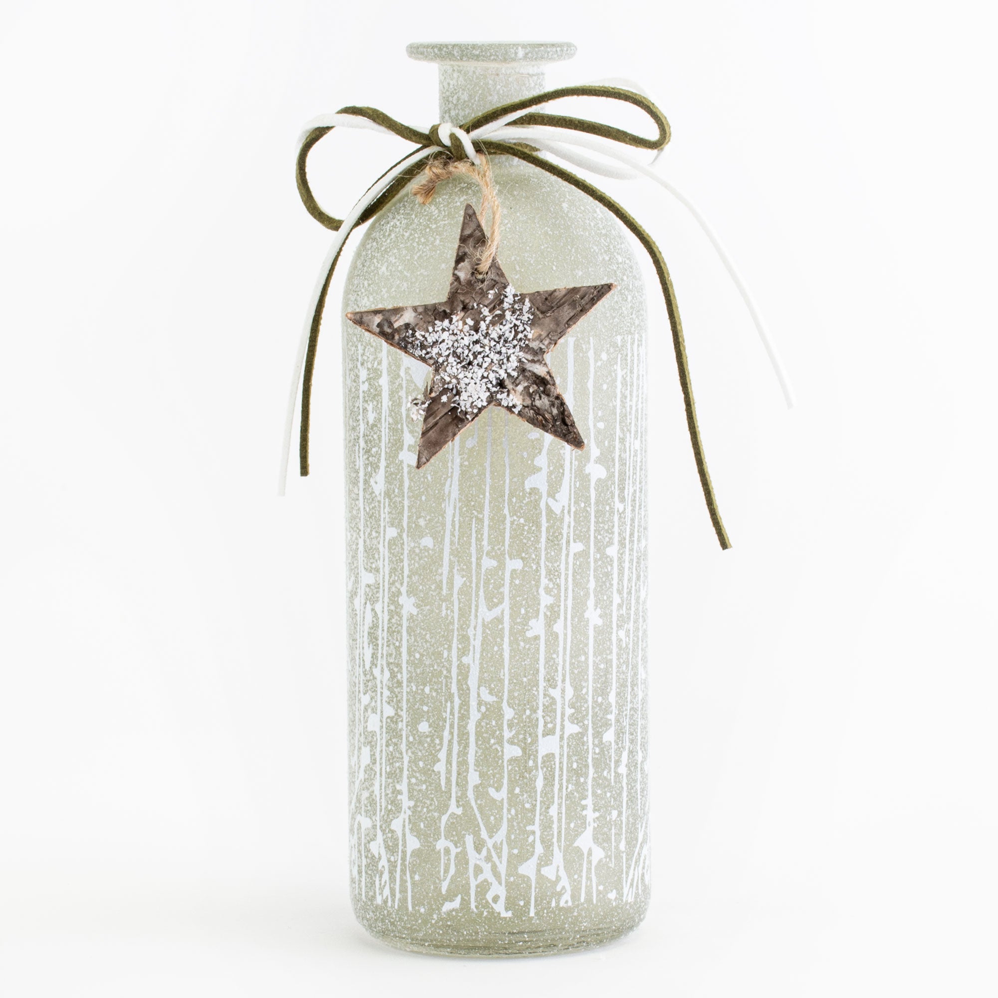 This image shows a pale green, frosted glass vase, with a medium wooden star tied around its neck, against a white background