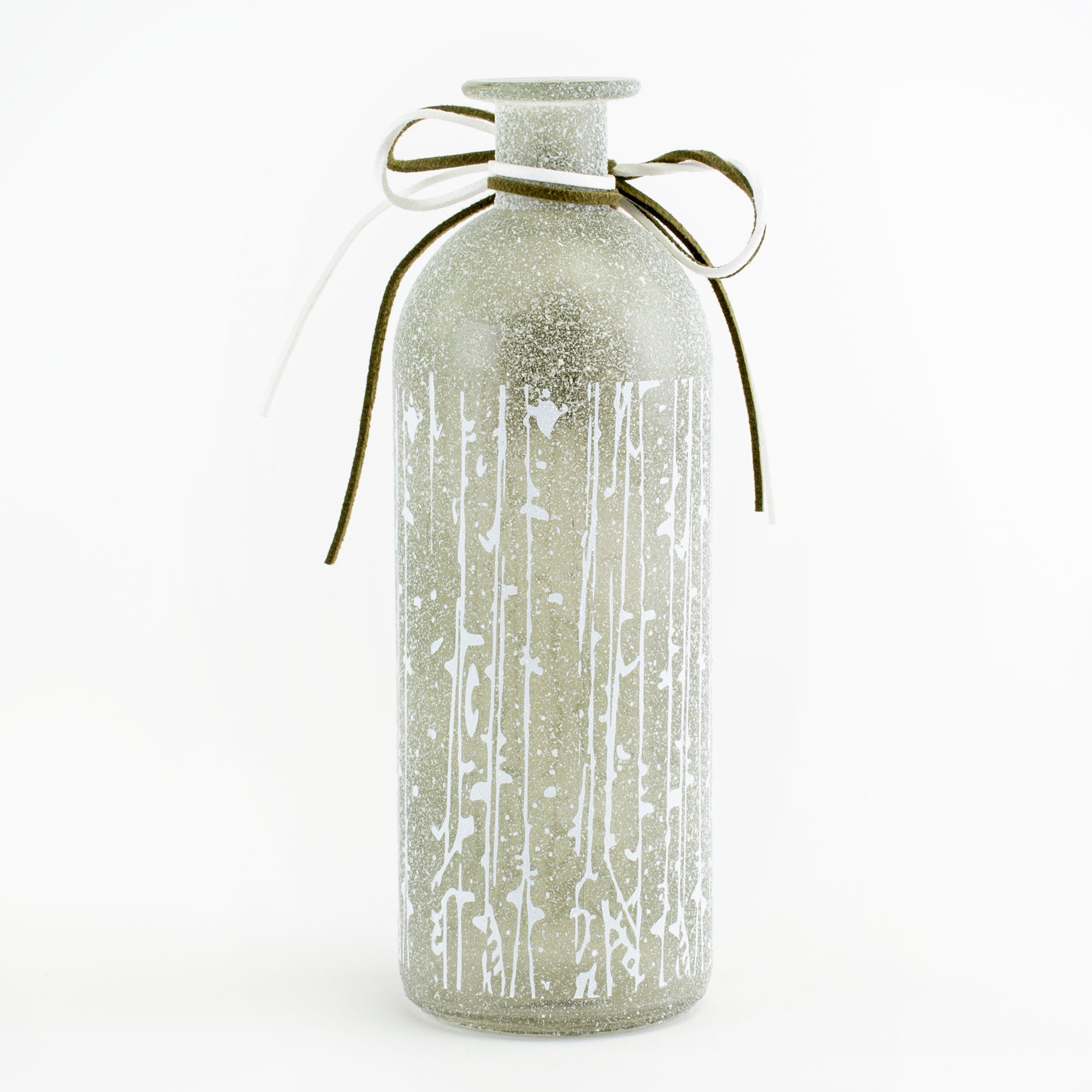 This image shows a pale green, frosted glass vase, with a small wooden star tied around its neck, against a white background