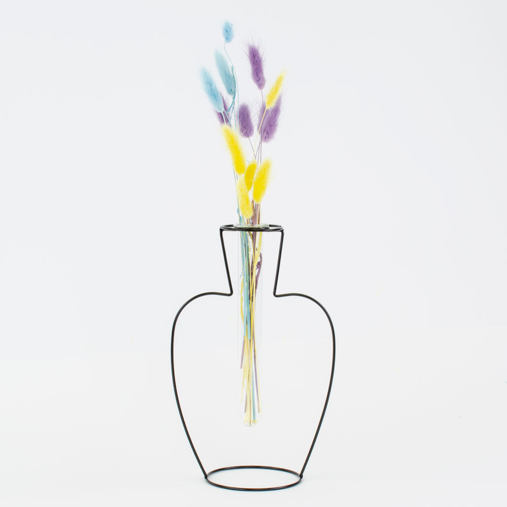 a metal framed, shaped outline of a vase that contains a glass test tube, in which to place flowers