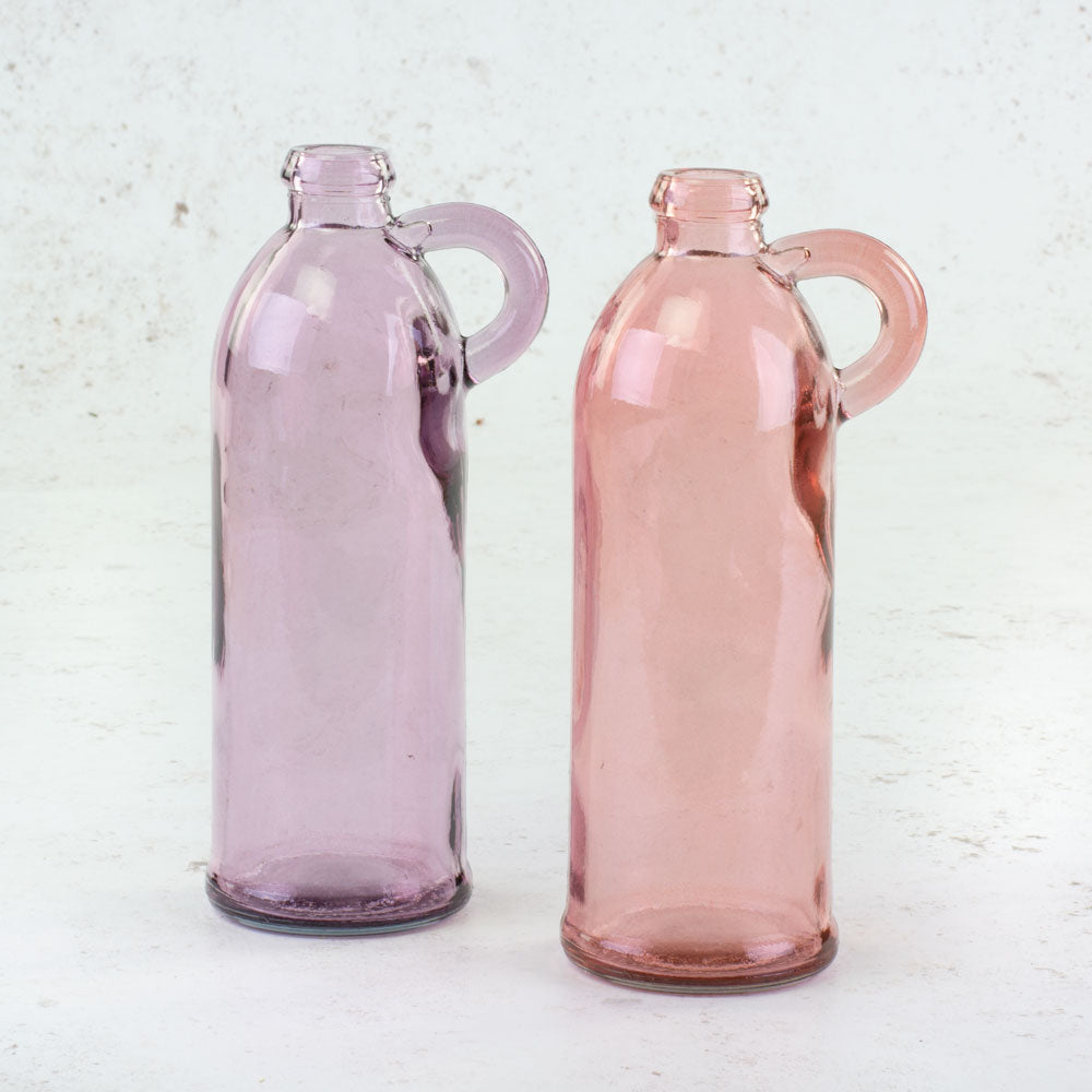 Rose Pink Recycled Glass Bottle Vase with handle H22cm