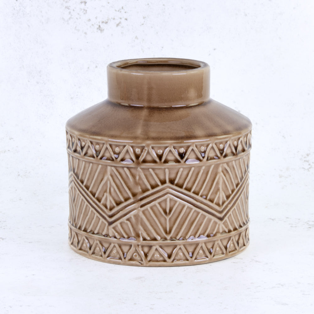 Brown Ceramic Vase with Aztec Pattern Detail, H18cm