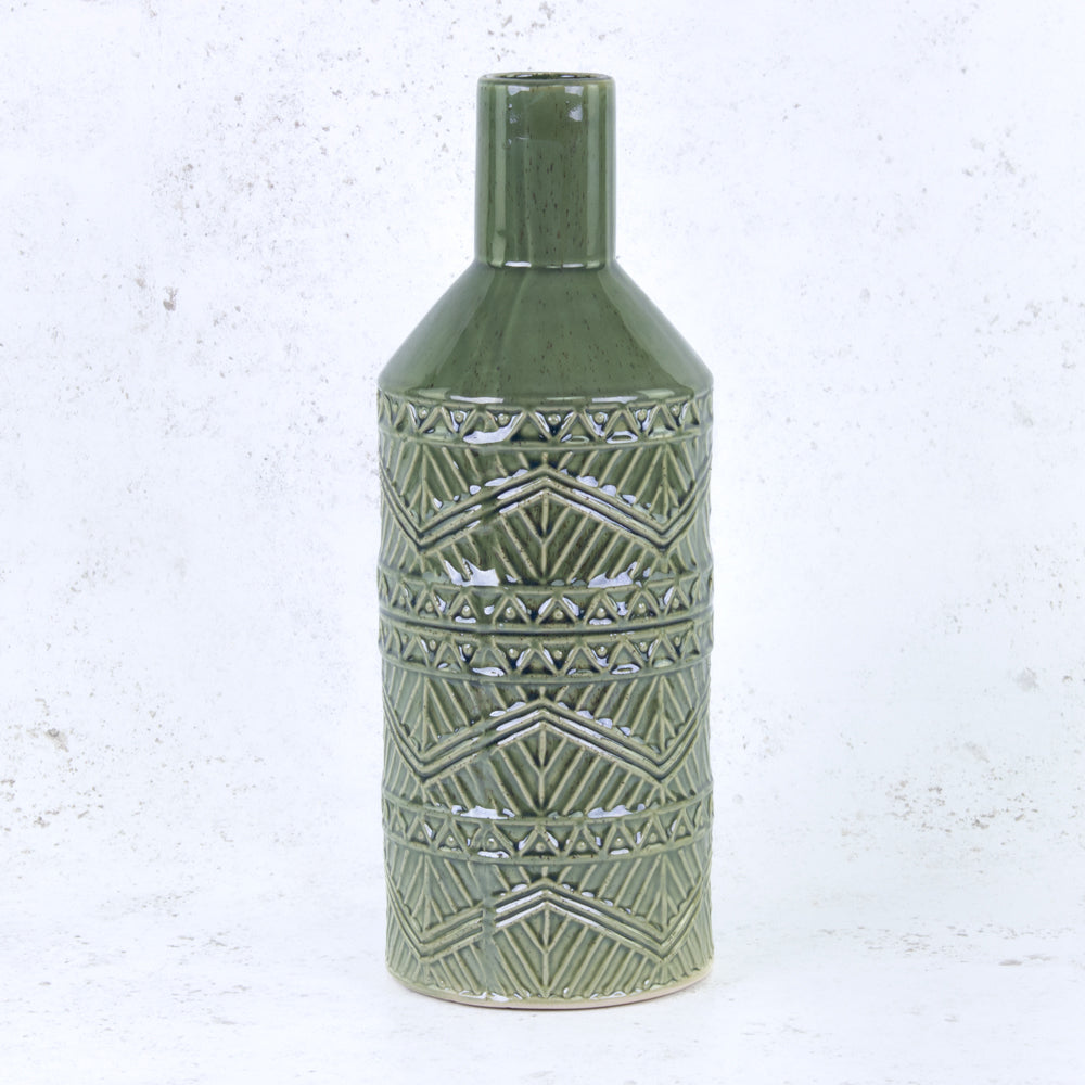 Green Ceramic Vase with Aztec Pattern Detail, H33cm