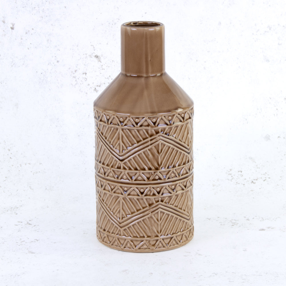 Brown Ceramic Vase with Aztec Pattern Detail, H33cm