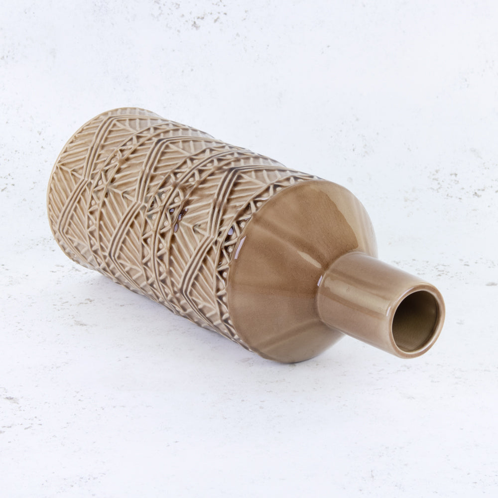 Brown Ceramic Vase with Aztec Pattern Detail, H40.5cm