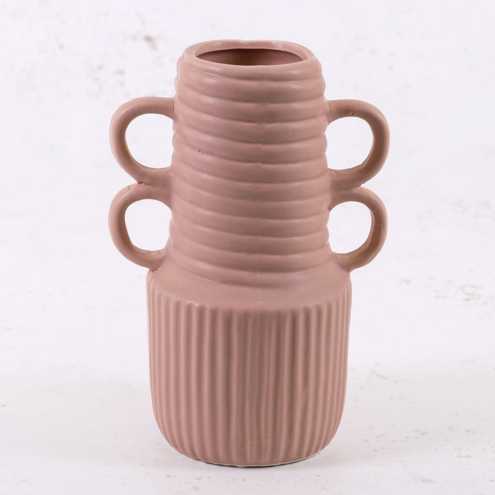 Matt Pink Ceramic Vase, 4 handles, H20.8cm