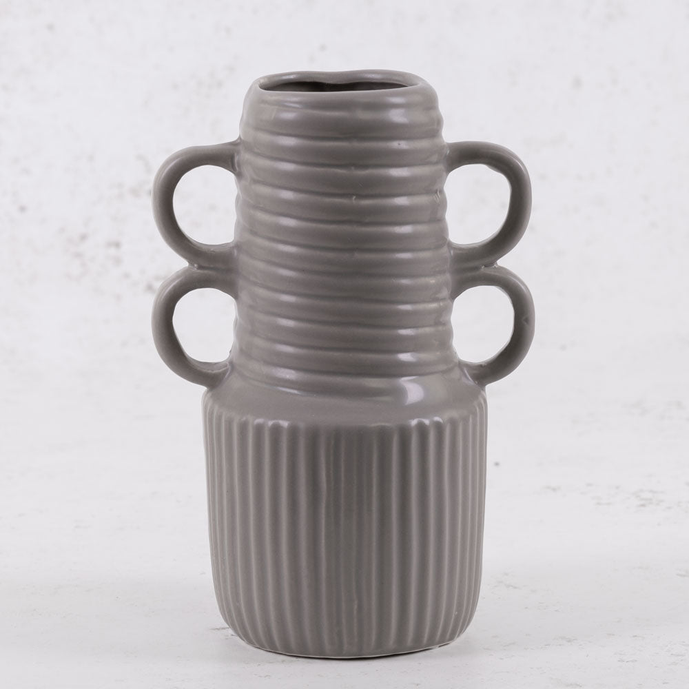 Matt Grey Ceramic Vase, 4 handles, H20.8cm