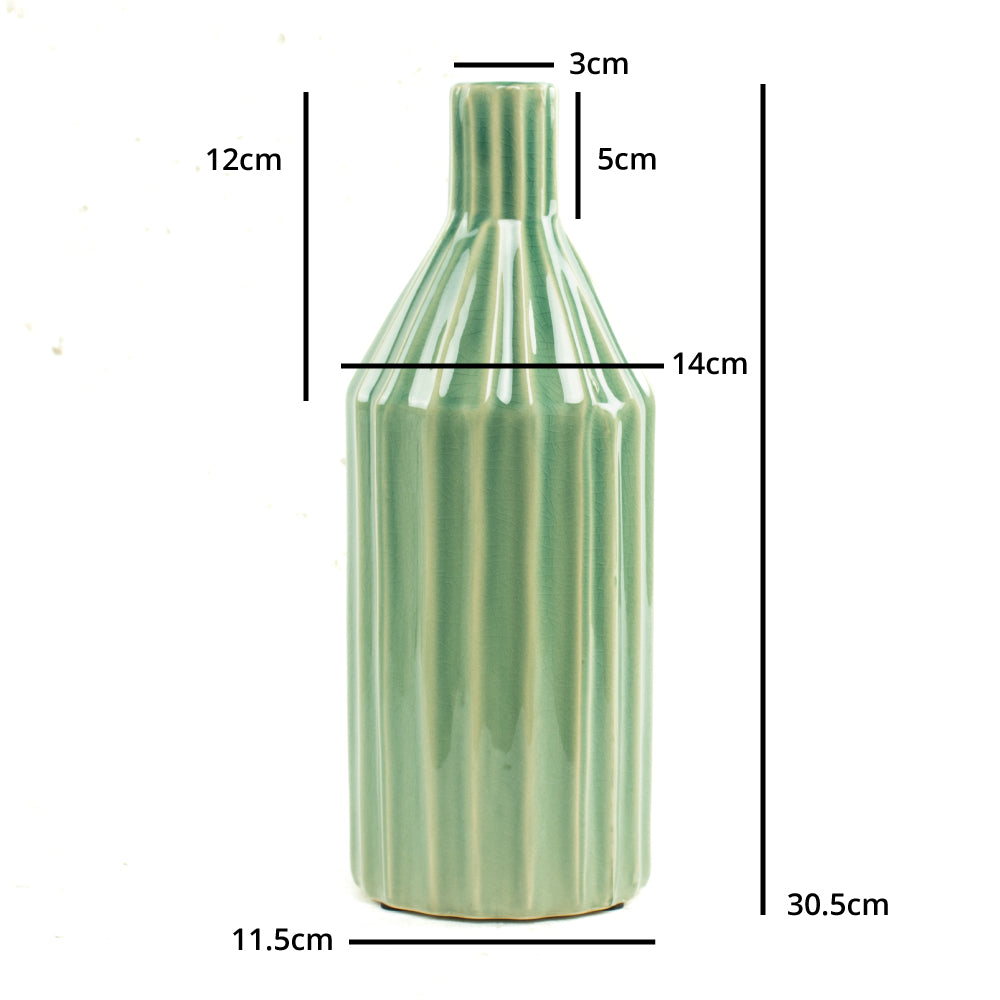 Green Ridged ceramic bottle vase, H30.5cm