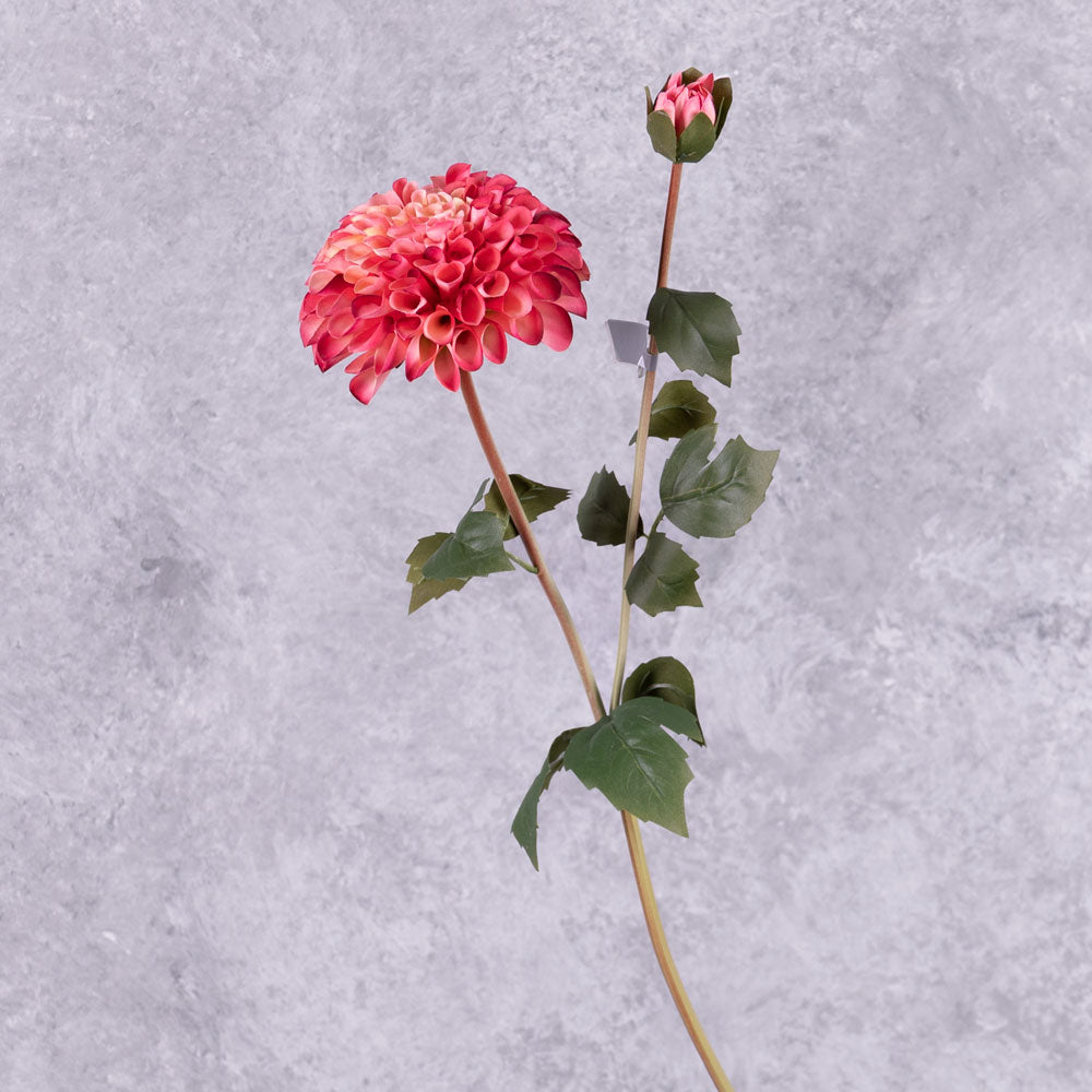 A faux deep pink dahlia spray showing a full bloom and emerging bud