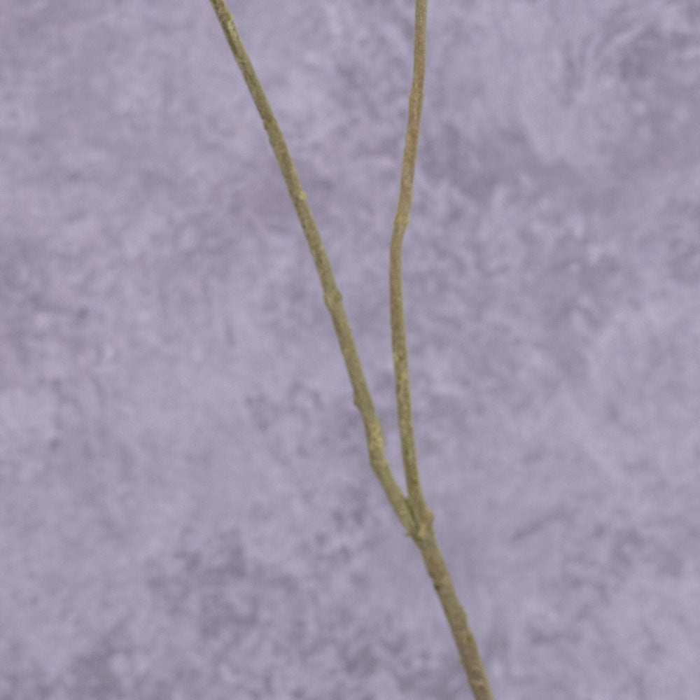 A faux poppy stem with an open flower and a budding flower on two branchlets. The flowers are a pale lavender colour that gets darker toward the centre of the flower