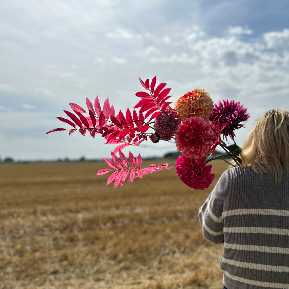 A large bunch of long-stemmed Silk-ka flowers in bold pinks and peach hues, against a cloudy sky and stubble field